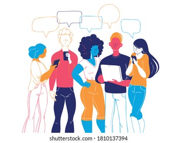 Young people standing together looking at smartphones, notepad and tablet reading news, chatting, discussing, surfing through internet, learning. Vector trendy flat hand drawn illustration.