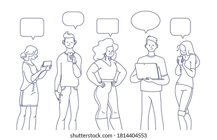 Junge Leute stehen zusammen und schauen sich Smartphones, Notizblock und Tablet-Nachrichten an, chatten, diskutieren, surfen im Internet, lernen. Vektor trendige flache, handgezeichnete Illustration.