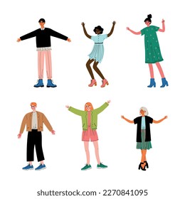 Young people standing with wide open arms set. Guys and girls in modern casual clothes spreading and raising their arms cartoon vector illustration