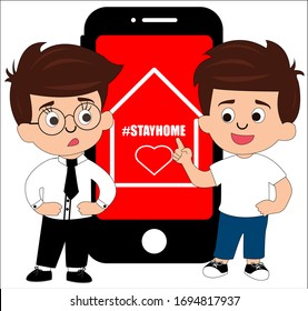 Young people stay at home to work. Two boy with phone on white background. Cartoon people stay home. Stock vector illustration.