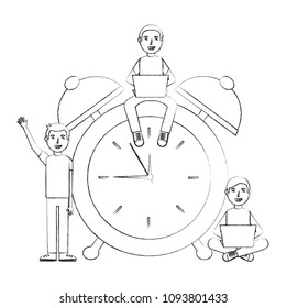 young people stdent using laptops with alarm clock