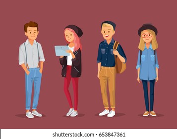 Young  people. Street style. Set of young modern trendy people, university fellow students classmates standing together in different poses. Group collection of male and female cartoon characters. 