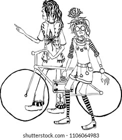 The young people stroll with a bicycle