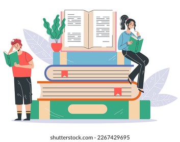 Young people student characters reading book story. Education learning concept. Vector graphic design illustration element