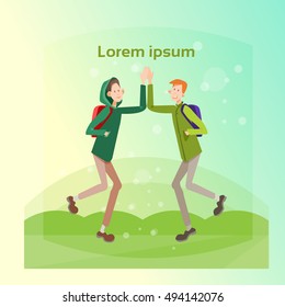 Young People Student Meeting, Teenagers Greeting Communication Flat Vector Illustration