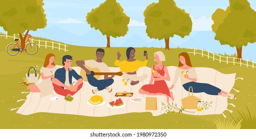 Young people students on picnic in summer nature green park vector illustration. Cartoon happy friends man woman characters enjoy weekend, have fun, eat picnic food together summertime background