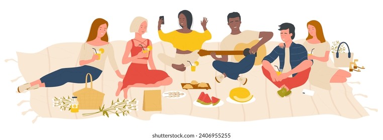 Young people students on picnic in summer nature green park vector illustration. Cartoon happy friends man woman characters enjoy weekend, have fun, eat picnic food together summertime background