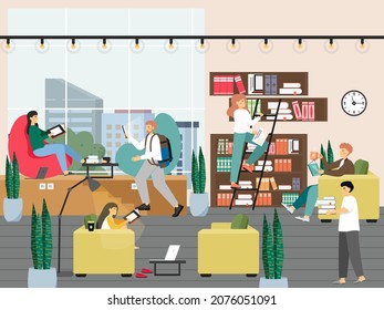 Young people students reading books, preparing for exam in library, vector illustration. University education, science.