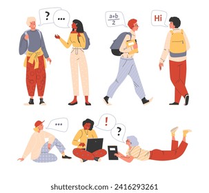 Jóvenes o estudiantes, ilustración vectorial en estilo plano de caricatura, aislados en fondo blanco. Conjunto de personas diferentes, hombres y mujeres, que están estudiando y hablando. Adolescentes con ropa informal.