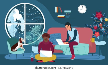Young people study at home using laptops. Guys spend time online in a cozy apartment in front of monitors. Winter student holidays. Vector illustration