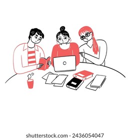 Young people study together with books and laptop prepare for school exam. Hand drawing vector illustration doodle style.