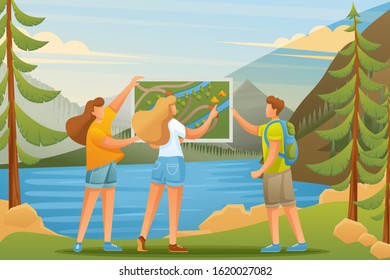Young people are studying a map on the lake in the woods, camping. Flat 2D character. Concept for web design