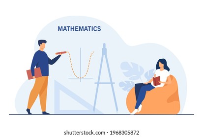 Young people studying mathematics. Flat vector illustration. Cartoon man drawing function graph and girl reading book sitting in chair. Math, algebra, exact science, studying, education concept