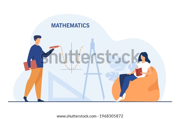 Young people studying mathematics. Flat vector\
illustration. Cartoon man drawing function graph and girl reading\
book sitting in chair. Math, algebra, exact science, studying,\
education concept