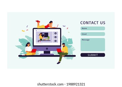 Young people studying in online school. Contact us form for web. Vector illustration. Flat style