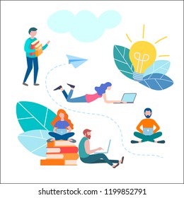 Young people studying, preparing for the university session, online training, online education. Vector illustration for websites, advertising posters, social media.