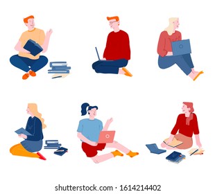 Young People Studying Set Isolated on White Background. Girls and Boys with Laptops and Books Sitting on Floor Prepare to Exam. Distance Learning, Online Courses Cartoon Flat Vector Illustration