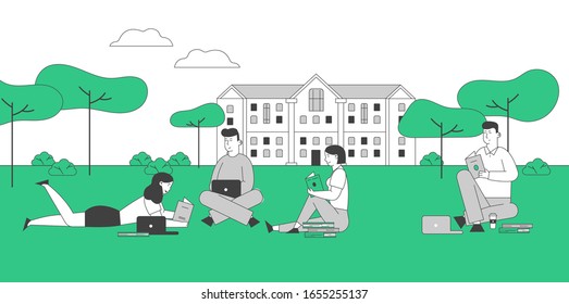 Young People Studying Together Outdoors on Nature Background. Collective Studying, University Exam Preparation. Learning Courses, Education with Textbooks. Cartoon Flat Vector Illustration Linear