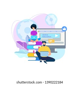 Young People Stydying Together. Girl with Laptop Sitting on Books Heap, Guy Sit Below at Computer Monitor and Cogwheels Background. Distance Learning, Online Courses, Cartoon Flat Vector Illustration.