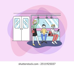 Jovens na ilustração vetorial plana do metrô. Jovens mulheres e meninos usando transporte público. Moradores de cidades em metrô, metrô ou metrô subterrâneo. Transporte público e conceito de viagens rápidas.