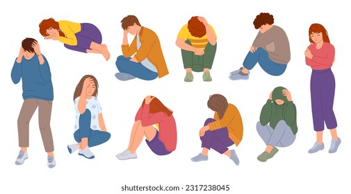 Young people suffer from anxiety. Depressive teenagers, headache pain and mental health vector illustration set. Boy and girls in depression, having stress to trouble. bad feelings