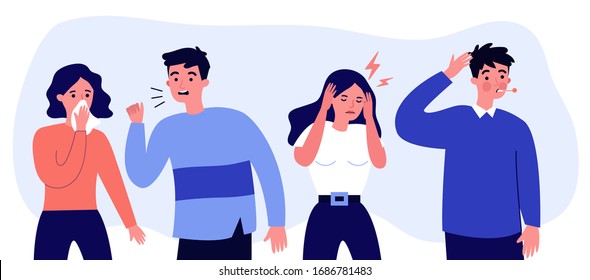 Young people suffering from flu symptoms flat vector illustration. Cartoon infographic person sneezing and coughing. Sad woman with headache. Healthcare and sickness concept.