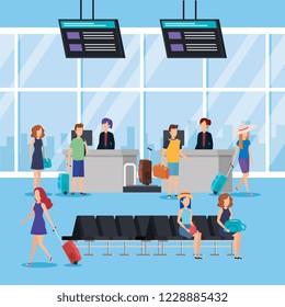 young people with suitcases in the airport