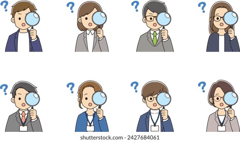 Young people in suits looking through a magnifying glass and wondering