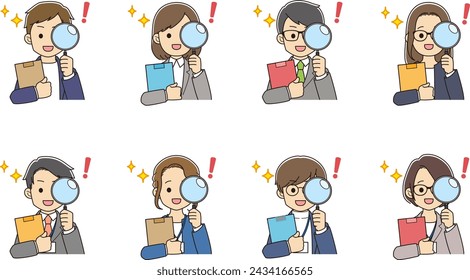 Young people in suits with magnifying glasses and documents looking happy after solving problems