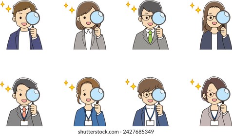 Young people in suits solve problems by looking through a magnifying glass