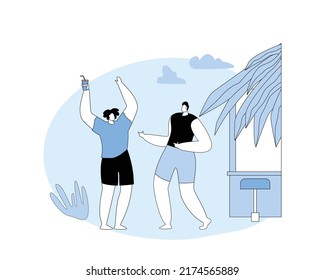 Young People at Summer Beach, Girl and Man Characters with Cocktails Dancing on Seaside Party with Playing Modern Music at Tropical Landscape with Palm Trees, Holidays. Linear Vector Illustration