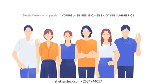 Jovens no verão. Conjunto de ilustrações vetoriais de jovens homens e mulheres vestindo camisas polo e mangas curtas.