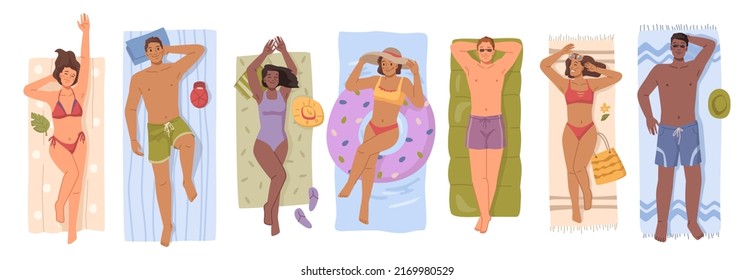 Young people sunbathing on the beach set, top view of lying men and women vector Illustration flat cartoon characters. Man and woman lying on towels and suntan, summer vacation