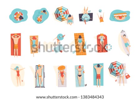 Young people sunbathing on the beach set, top view of lying men and women vector Illustrations on a white background