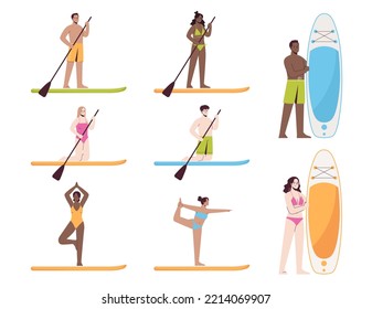 Young people with sup. Set of multicultural men and women have different activities with board. Stand up paddle. Vector collection in flat style, isolated on white background