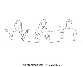 Young people supporting reading in line art drawing style. Composition of three persons gesturing. Black linear sketch isolated on white background. Vector illustration design.