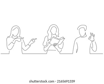 Young People Supporting Reading In Line Art Drawing Style. Composition Of Three Persons Gesturing. Black Linear Sketch Isolated On White Background. Vector Illustration Design.