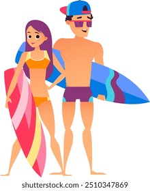 Jovens com pranchas de surfe. Surfistas felizes no verão. Caracteres de cor