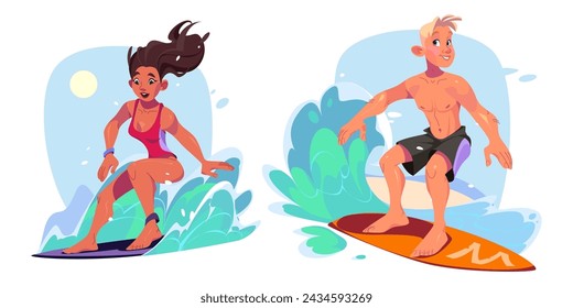 Jóvenes surfeando en la playa aislados sobre fondo blanco. Ilustración de dibujos animados del vector de la muchacha atractiva en bikini y tipo musculoso que monta tabla de surf, salpicaduras de agua de mar, actividad de deportes de verano