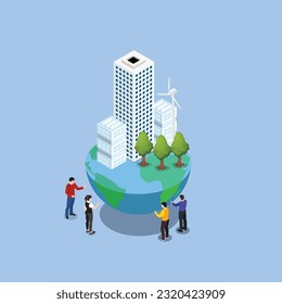 Young people surrounding earth globe with apartments on it isometric 3d vector illustration concept for banner, website, illustration, landing page, flyer, etc