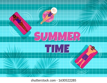 The young people swim in the pool top view. A woman, man and african-american woman swim in a pool on an air mattress, enjoying summer vacation. Summer time. Vector illustration