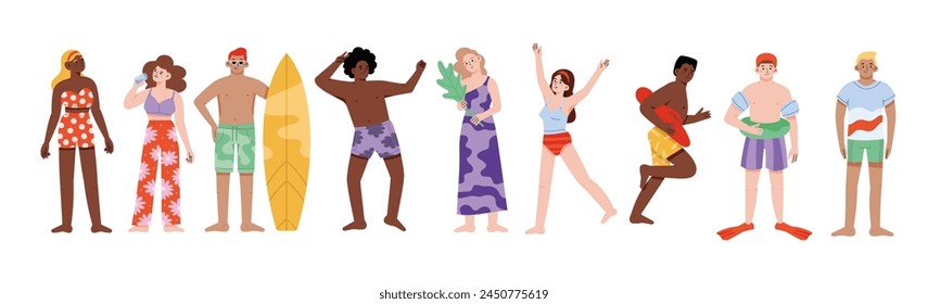 Junge Leute in Badehosen mit Spaß und Freude, glücklich mit den Sommerferien. Aufgeregte aktive Männer und Frauen mit positiver Energie. Flache grafische Vektorillustration isoliert auf weißem Hintergrund.