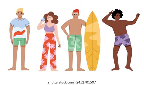 Junge Leute in Badehosen mit Spaß und Freude, glücklich mit den Sommerferien. Aufgeregte aktive Männer und Frauen mit positiver Energie. Flache grafische Vektorillustration auf weißem Hintergrund