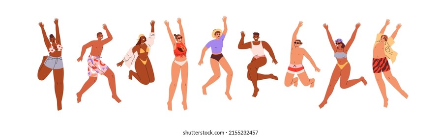 Young people in swimwear jumping up with fun and joy, happy with summer holidays. Excited active men and women with positive energy. Flat graphic vector illustration isolated on white background.