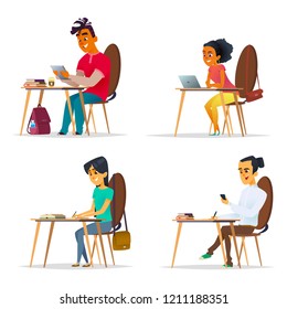 Young People at the table, working on a project. Cartoon flat set