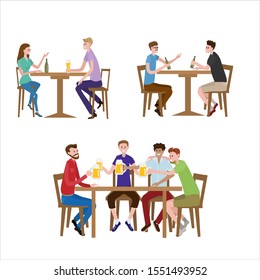 Young people at the tables drink beer. Isolate on white background