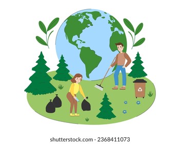 Young people take care about planet. Volunteers cleaning earth from garbage. Environment protection and nature care concept. Save the planet. Ecology vector illustration