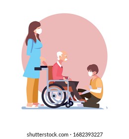 young people take care of old man in wheelchair vector illustration design