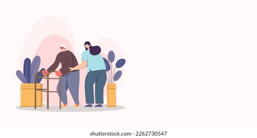 young people taking care of seniors people. Helping senior people walking. friendly nurse or volunteer supporting aged people home care services healthcare horizontal.
