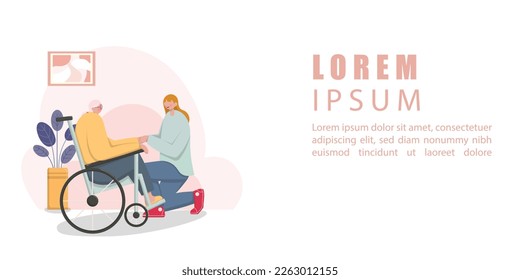 young people taking care of seniors people. Helping senior people pushing the wheelchair. friendly nurse or volunteer supporting aged people home care services healthcare horizontal.